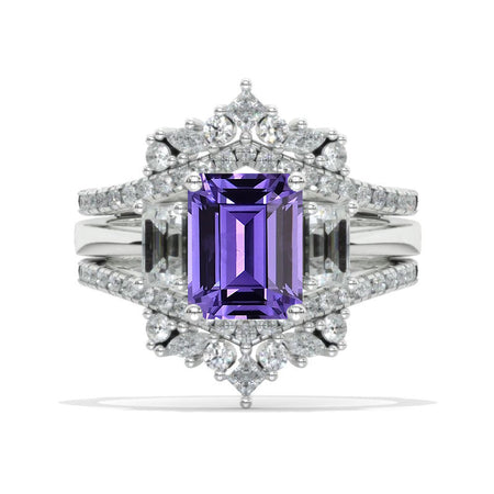 Curved V Band Pavé Purple Sapphire Double  Ring Insert  14K White Gold