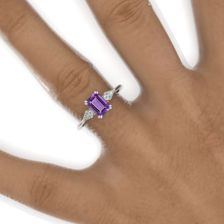 14K White Gold 1.5 Carat Emerald Cut Natural Amethyst Cluster Engagement Ring