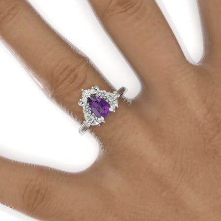 14K White Gold 1.5 Carat Pear Cut Natural Amethyst Cluster Floral Engagement Ring