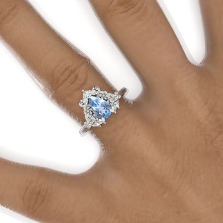 14K White Gold 1.5 Carat Pear Cut Genuine Natural Aquamarine Cluster Floral Engagement Ring