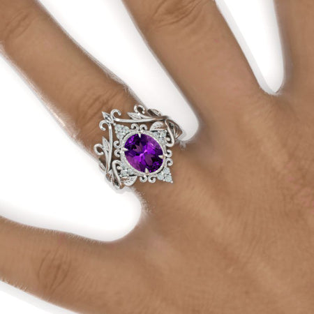 14K White Gold 2 Carat Oval Natural Amethyst Engagement Ring Unique Floral Ring Set