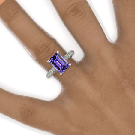 3.5 Carat Radiant Purple Sapphire Hidden Halo Royal Engagement 14K White Gold Ring Michael