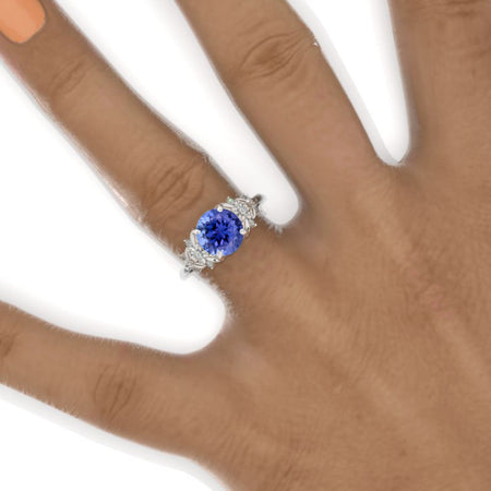 2 Carat Round Natural Genuine Tanzanite Floral  Engagement Ring. Victorian 14K White Gold Ring