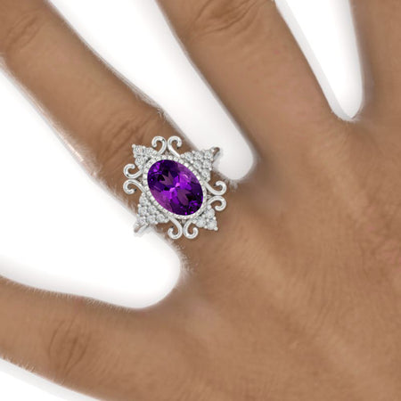 3 CT Oval Halo Natural Amethyst Vintage Wedding Ring. 14K Solid Gold Engagement Ring Anniversary Ring, Floral Halo Ring