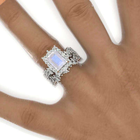 4 Carat Vintage Style 10x8mm Emerald Cut Genuine moonstone White Gold Floral Shank Unique Fairy Tail  Engagement Ring Set