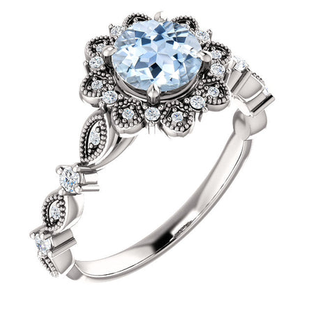 14K White Gold  6 mm  One Genuine Natural Aquamarine Center Stone  Round Halo Engagement Ring