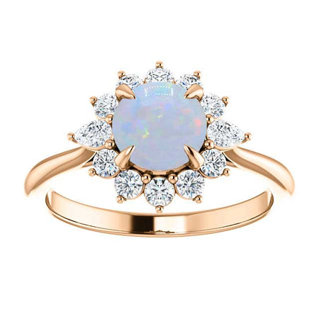 14K Rose Gold  6.5 mm Round Forever One White Opal Stone 3/8 CTW Diamond Set Halo-Style Engagement Ring