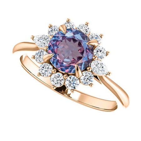 14K Rose Gold 6.5 mm Round Forever One Portuguese Cut Alexandrite Stone 3/8 CTW Diamond Set Halo-Style Engagement Ring