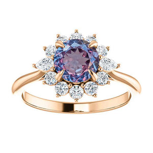 14K Rose Gold 6.5 mm Round Forever One Portuguese Cut Alexandrite Stone 3/8 CTW Diamond Set Halo-Style Engagement Ring