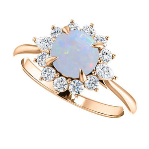 14K Rose Gold  6.5 mm Round Forever One White Opal Stone 3/8 CTW Diamond Set Halo-Style Engagement Ring