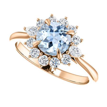 14K Rose Gold  6.5 mm Round Forever One Genuine Natural Aquamarine Stone 3/8 CTW Diamond Set Halo-Style Engagement Ring