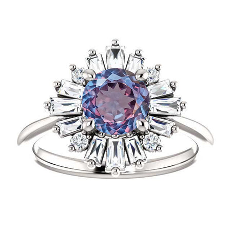 14K White Gold 6.5mm Round Portuguese Cut Alexandrite 1/2 CTW Diamond Engagement Ring