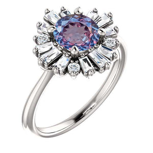 14K White Gold 6.5mm Round Portuguese Cut Alexandrite 1/2 CTW Diamond Engagement Ring