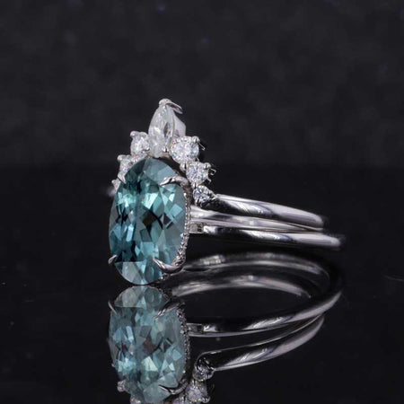 4 Carat Oval Cut Teal Sapphire White Gold Engagement Ring Set