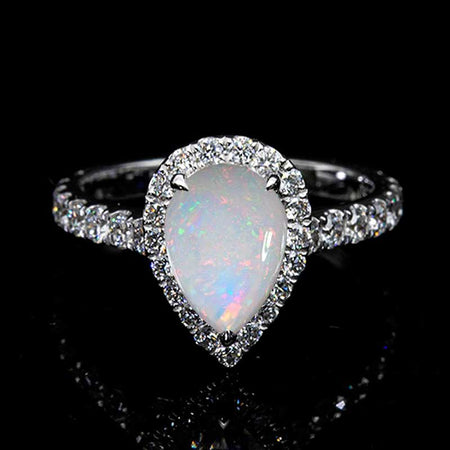 14K Solid White Gold 3 Carat Halo Pear Cut White Opal Ring