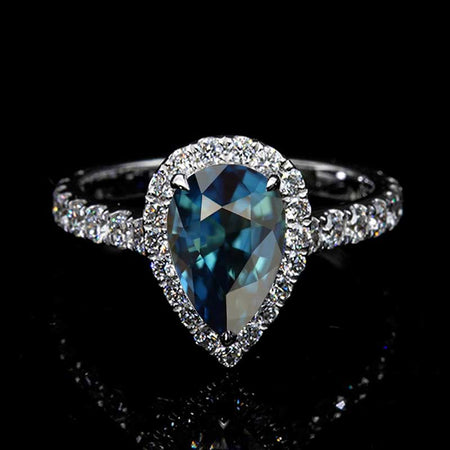 14K Solid White Gold 3 Carat Halo Pear Cut Teal Sapphire Ring