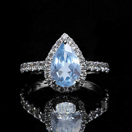 14K Solid White Gold 3 Carat Halo Pear Cut Genuine Natural Aquamarine Ring