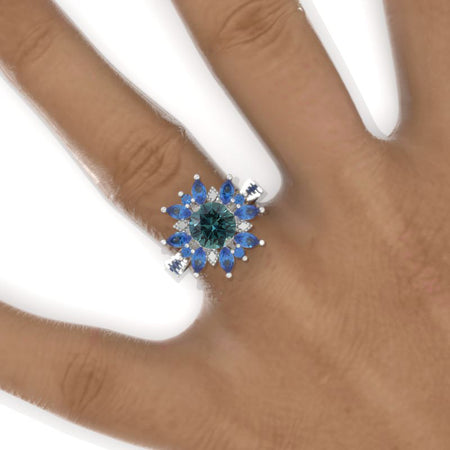 2 Carat Round Teal Sapphire Snowflake Floral Sapphire Halo Engagement Ring