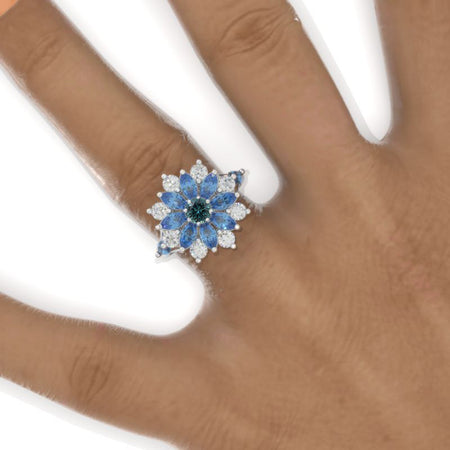 Floral Sapphire Teal Sapphire Sunflower Cluster Ring