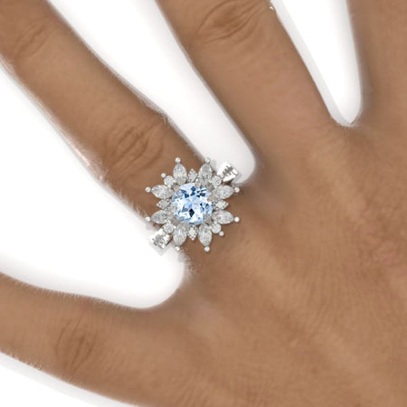 2 Carat Round Genuine Natural Aquamarine Snowflake Floral Halo Engagement Ring