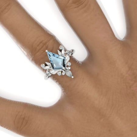 2.5 Carat Kite Genuine Natural Aquamarine Floral Leaves 14K White Gold Engagement Ring