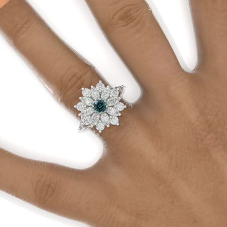 Floral Teal Sapphire Sunflower Cluster Ring