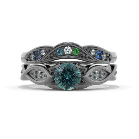 Custom Celtic Teal Sapphire Curved Wedding 14K Black Gold Ring