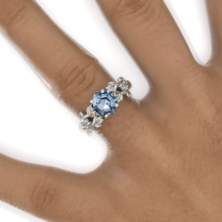 3 Carat Hexagon Genuine Natural Aquamarine Floral 14K White Gold Engagement Ring