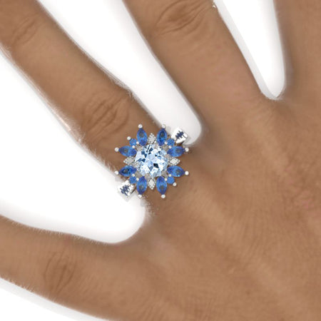 2 Carat Round Genuine Natural Aquamarine Snowflake Floral Sapphire Halo Engagement Ring