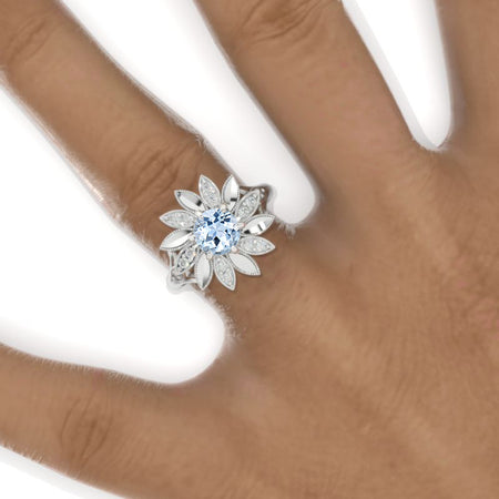 Floral  Genuine Natural Aquamarine Sunflower Cluster Ring