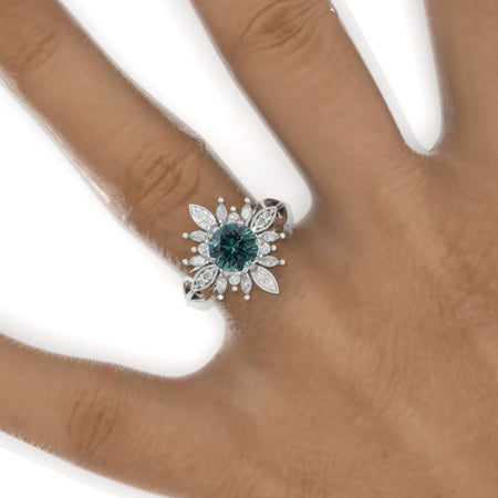 2 Carat Round Teal Sapphire Snowflake Halo Engagement Ring