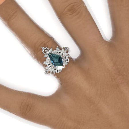 2.5 Carat Kite Teal Sapphire 14K White Gold Engagement Ring. Floral natural Form Ring