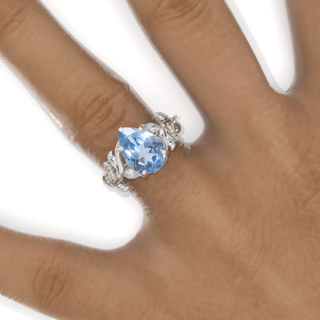 3 Carat Pear Genuine Natural Aquamarine Halo Floral Engagement Ring 14K White Gold Ring