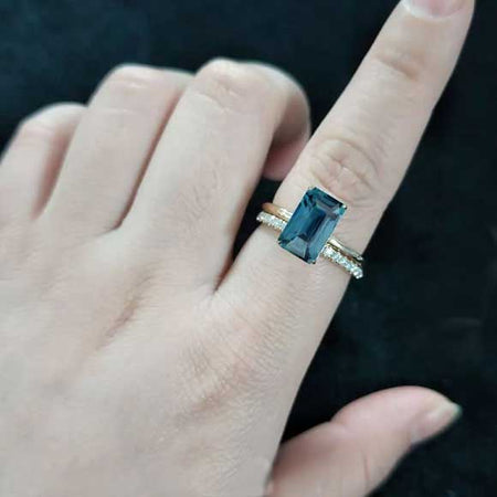 3Ct Teal Sapphire Engagement Ring Halo Elongated Radiant Cut Teal Sapphire Engagement Ring, 9x7mm Elongated Radiant Cut Teal Sapphire Engagement Ring with Eternity band