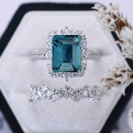 3Ct Teal Sapphire Engagement Ring. Halo Emerald Cut Teal Sapphire Engagement Ring, 9x7mm Step Cut Teal Sapphire Engagement Ring