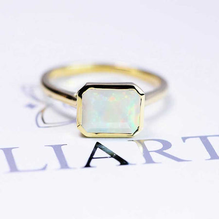 3 Carat White Opal Engagement Ring, Bezel Set Emerald Cut White Opal Engagement Ring,White Opal Classic Engagement 14K Yellow Gold Ring