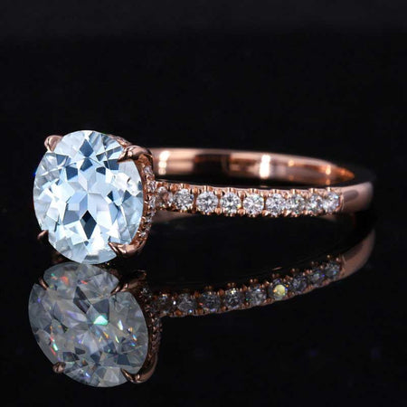 2 Carat Round Hidden Halo Giliarto Genuine Natural Aquamarine Rose Gold Engagement Ring