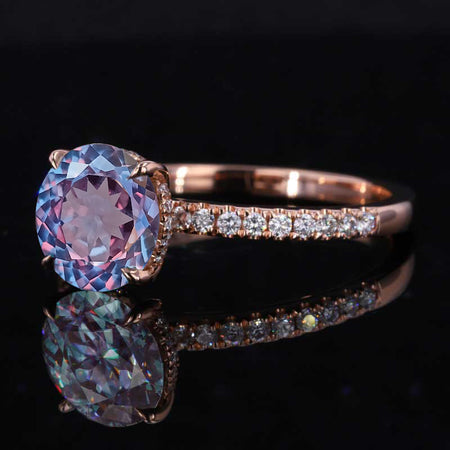 2 Carat Round Hidden Halo Portuguese Cut Alexandrite Rose Gold Engagement Ring