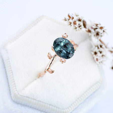 14K Rose Gold Dainty Oval Teal Sapphire Leaf Ring