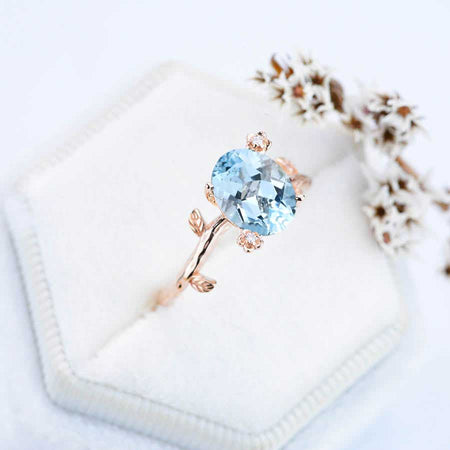 14K Rose Gold Dainty Oval Genuine Natural Aquamarine leaf Ring