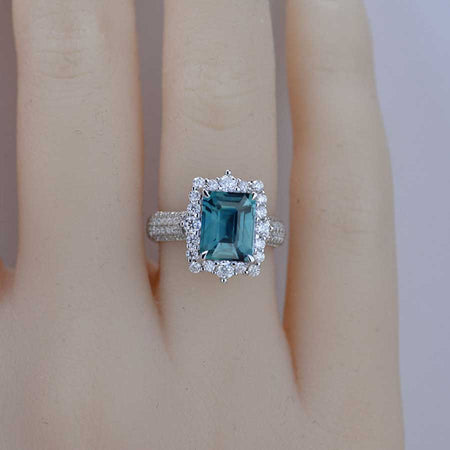 3Ct Teal Sapphire Engagement Ring Halo Emerald Step Cut Teal Sapphire Engagement Ring