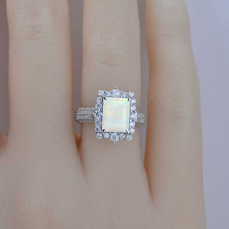 3Ct Genuine White Opal Engagement Ring Halo Emerald Step Cut Genuine White Opal Engagement Ring