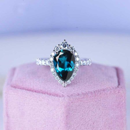 3 Carat Pear Cut Halo Cornflower Sapphire 14K White Gold Ring