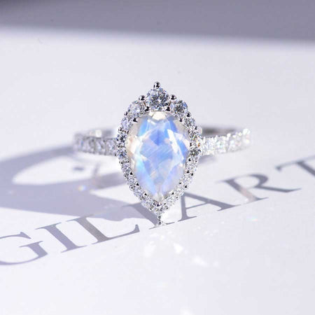 3 Carat Pear Cut Natural Moonstone Halo Moissanite 14K White Gold Ring