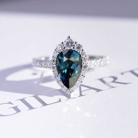 3 Carat Pear Cut Teal Sapphire Halo Moissanite 14K White Gold Ring