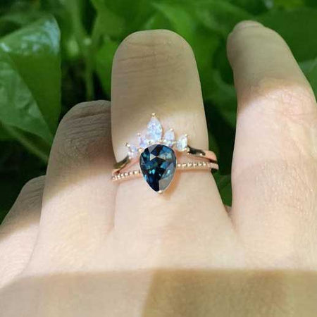 3 Carat Pear Cut Teal Sapphire Rose Gold  Ring- Two Ring Set