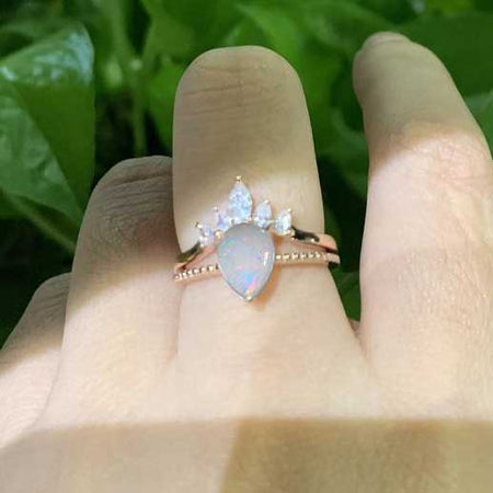 3 Carat  Pear Cut White Opal Rose Gold  Ring- Two Ring Set