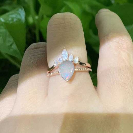 3 Carat Pear Cut Genuine White Opal White Gold  Ring- Two Ring Set