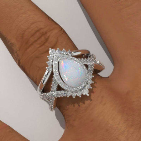 14K White Gold 1.5 Carat Pear Genuine White Opal Halo Twisted Engagement Ring Eternity Ring Set