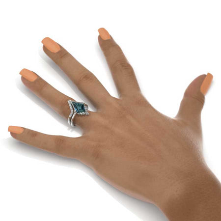 14K Yellow Gold 4 Carat Kite Teal Sapphire Halo Engagement Ring, Eternity Ring Set